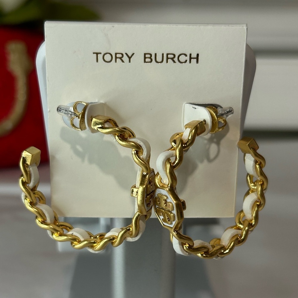 Tory Burch gold and white hoop earrings
